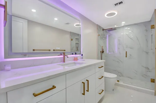 a bathroom with a double vanity sink mirror and toilet