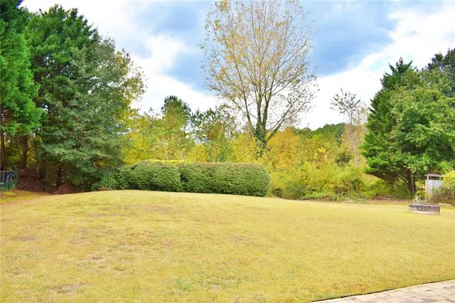 a view of yard with swimming pool and green space