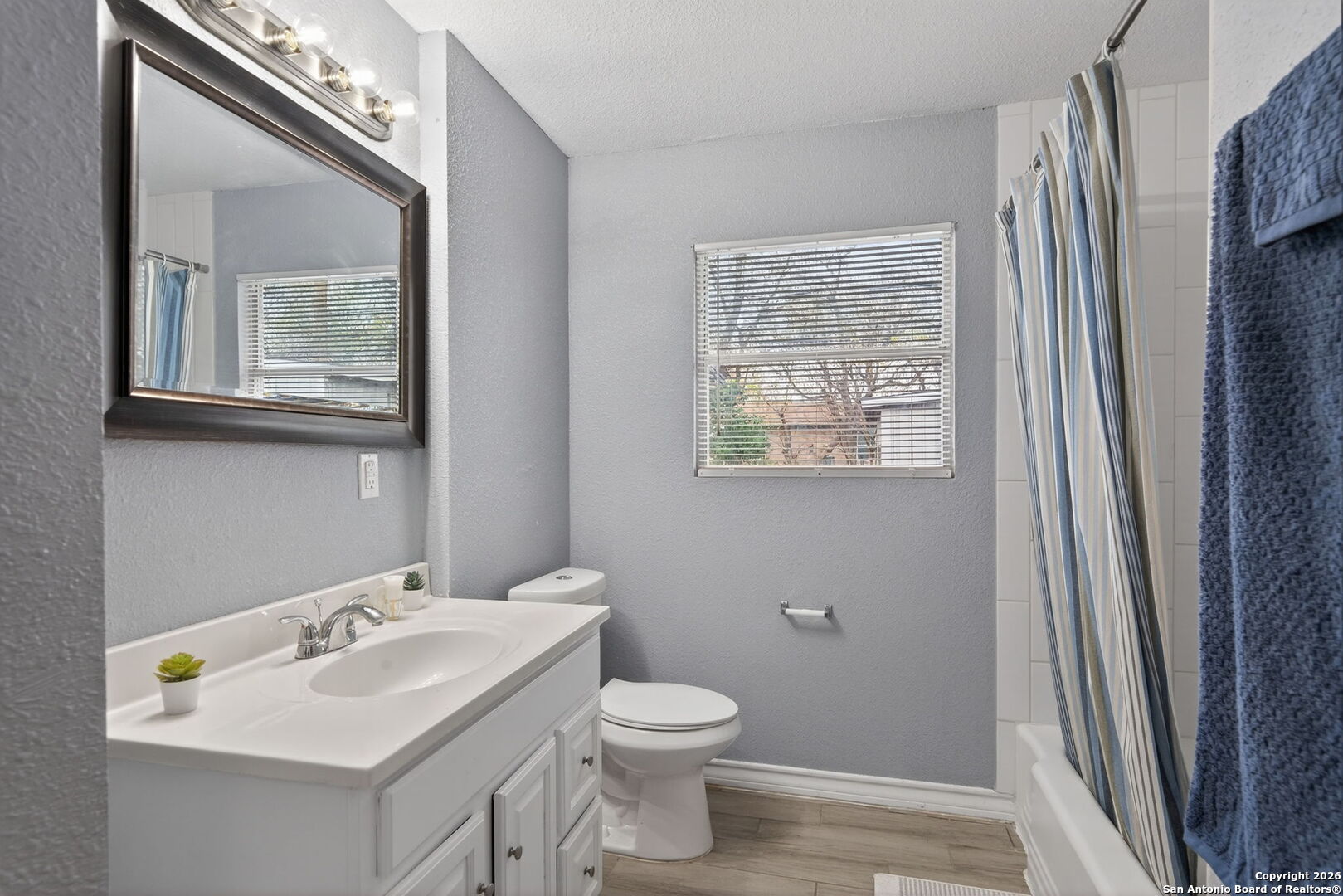 4531 Eisenhauer Road San Antonio, TX 78218 - Photo 22 of 32 a bathroom with a sink a toilet and a mirror