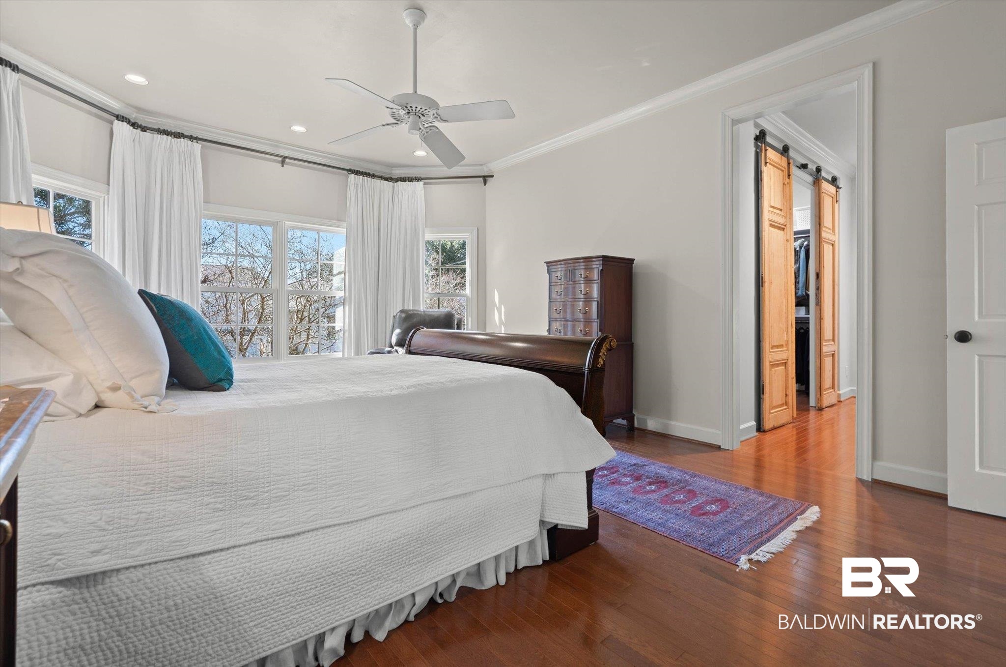 3615 Stein Street Mobile, AL 36608 - Photo 21 of 44 Bedroom with dark wood-style floors, ornamental molding, ceiling fan, and recessed lighting