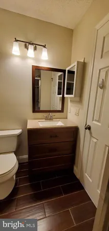 a bathroom with a sink a toilet a mirror and shower