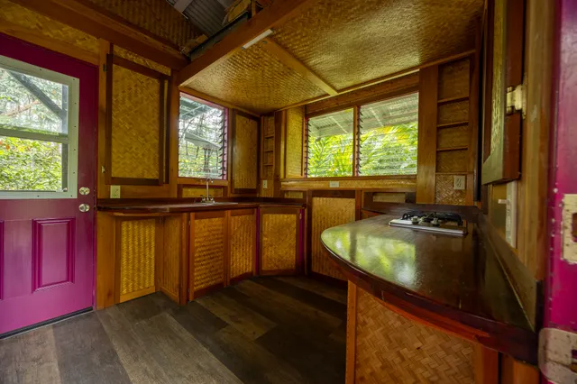 an aerial view of a house with a yard and trees all around
