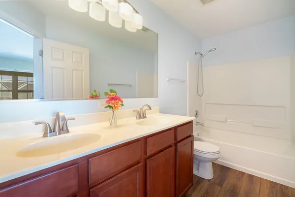 a bathroom with a sink toilet vanity and tub