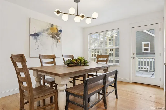 a view of a dining room with furniture wooden floor and chandelier