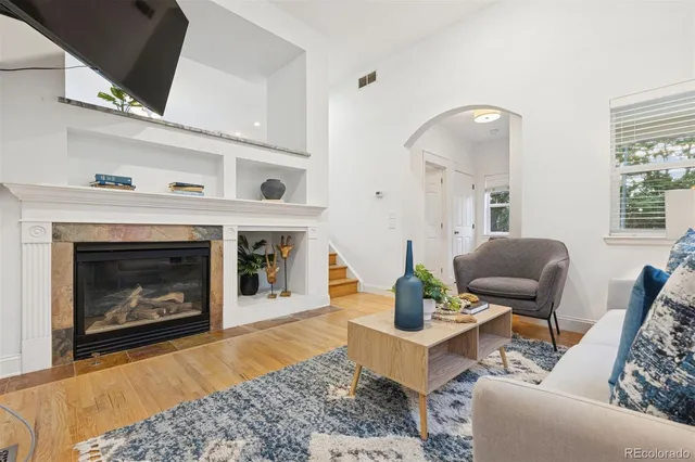 a living room with furniture and a fireplace