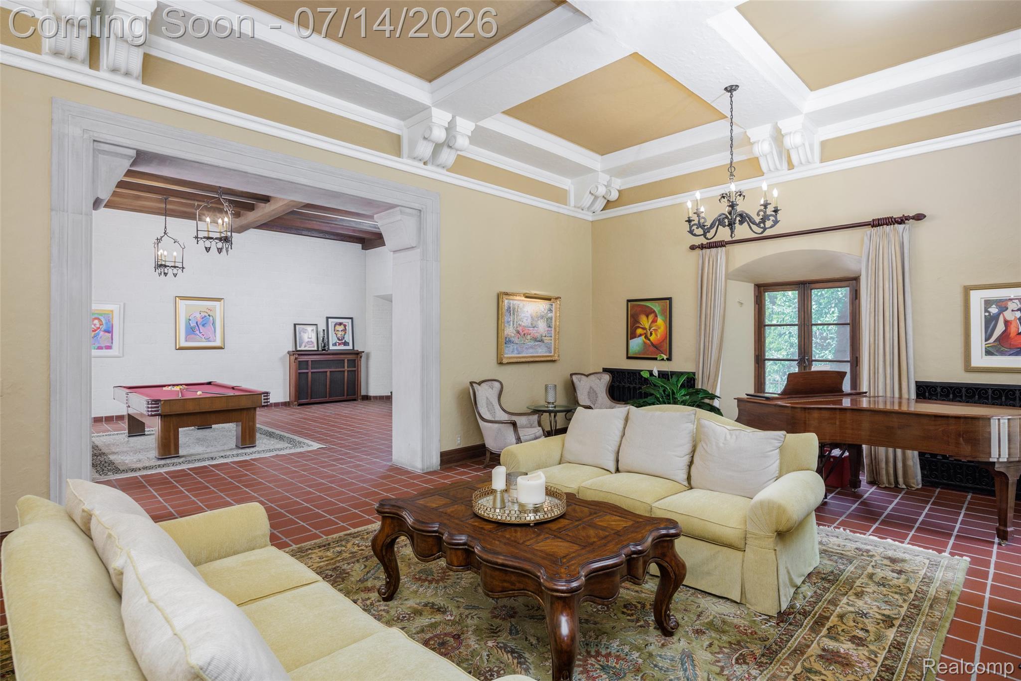 189 Cloverly Road Grosse Pointe, MI 48236 - Photo 14 of 96 Expansive room featuring terracotta tile flooring and a decorative coffered ceiling