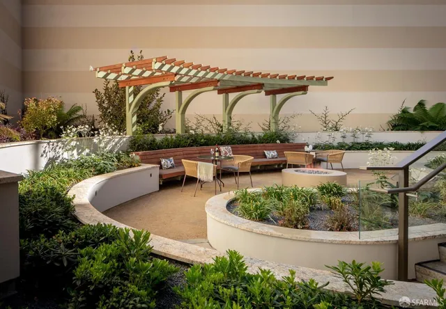 an outdoor view with a garden