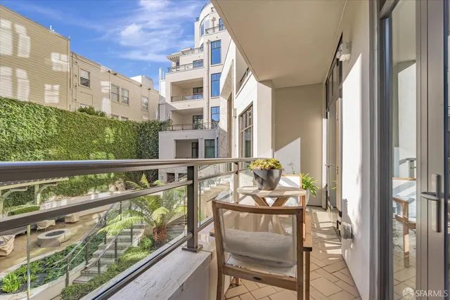 a view of a building from a balcony