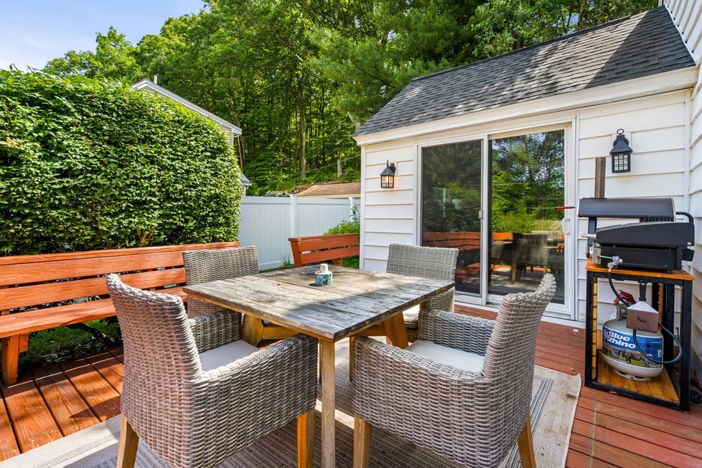 70 Indian Hill Road Worcester, MA 01606 - Photo 31 of 34 a view of a patio with table and chairs with wooden floor and fence