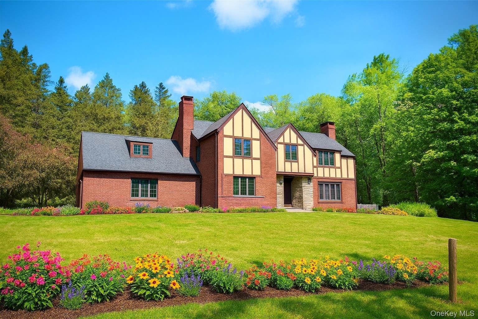 a front view of a house with yard and green space