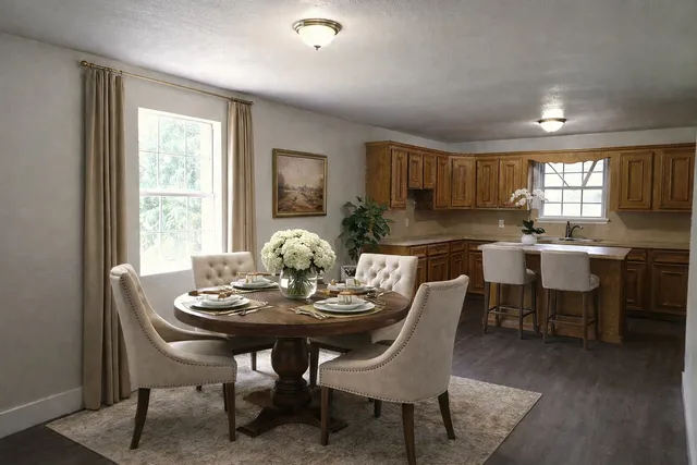 a kitchen with stainless steel appliances granite countertop wooden floors a stove a sink and a window