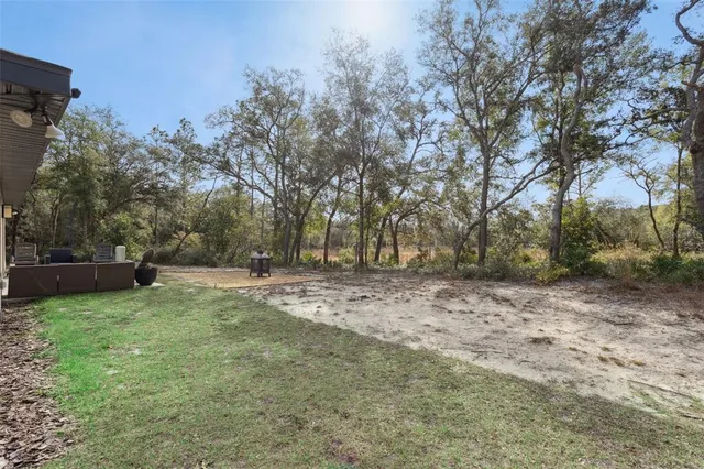 a view of a backyard with large trees