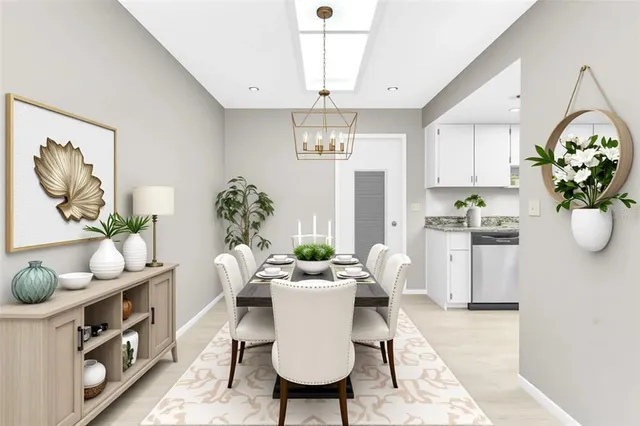 a living room with furniture a chandelier and a dining table