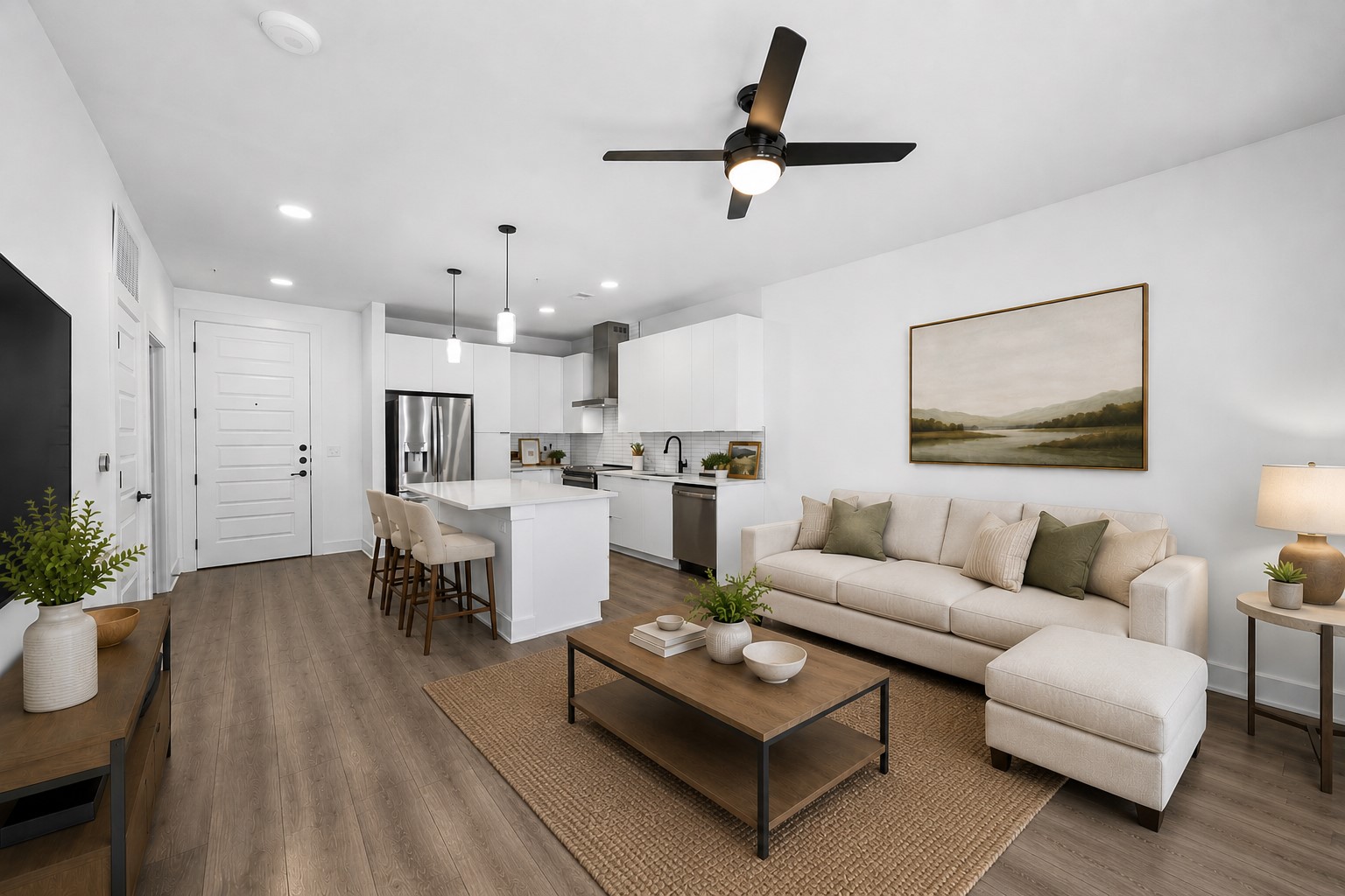 2220 Webberville Road, Unit 216 Austin, TX 78702 - Photo 4 of 26 Virtually Staged - Open-concept living space featuring wood-finish flooring, recessed lighting, and a modern ceiling fan