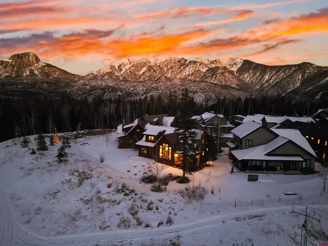 a view of a town with couple of trees in the background