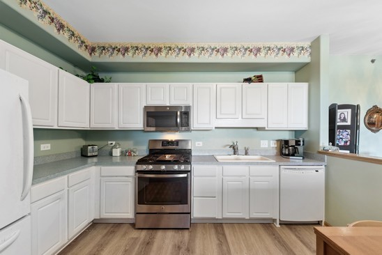 1705 Pavilion Way, Unit 504 Park Ridge, IL 60068 - Photo 7 of 15 a kitchen with white cabinets stainless steel appliances and sink