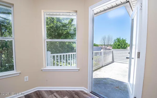 a view of a balcony from a window