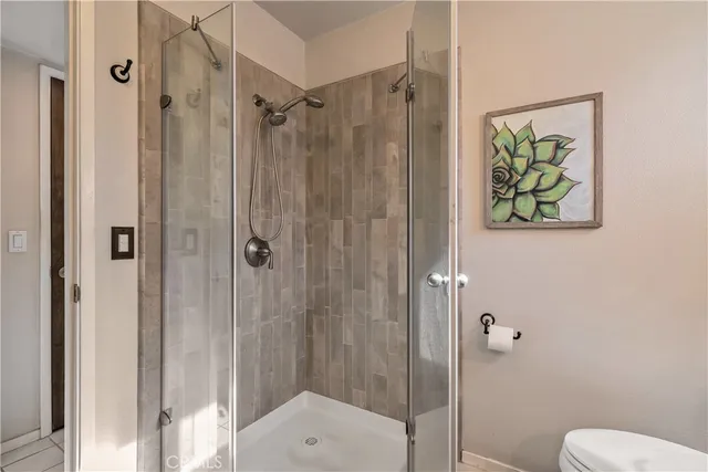 a bathroom with a shower and a toilet