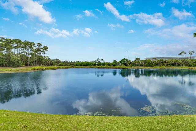 a view of a lake with houses in the back