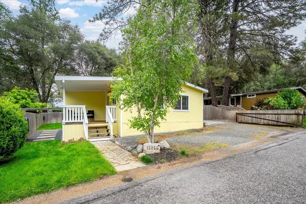 a view of a house with backyard and a tree