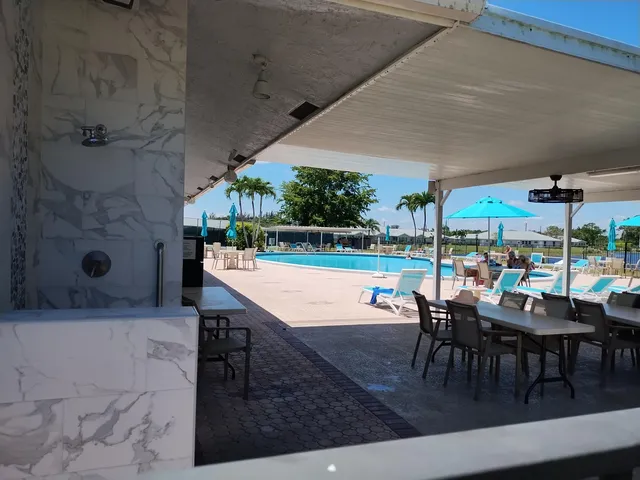 an outdoor space with seating