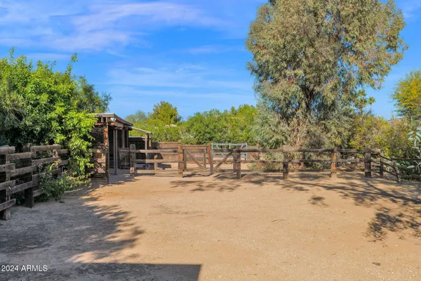 a view of a yard with wooden fence