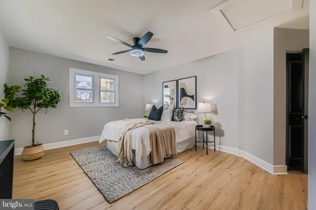 a spacious bedroom with a bed and a potted plant