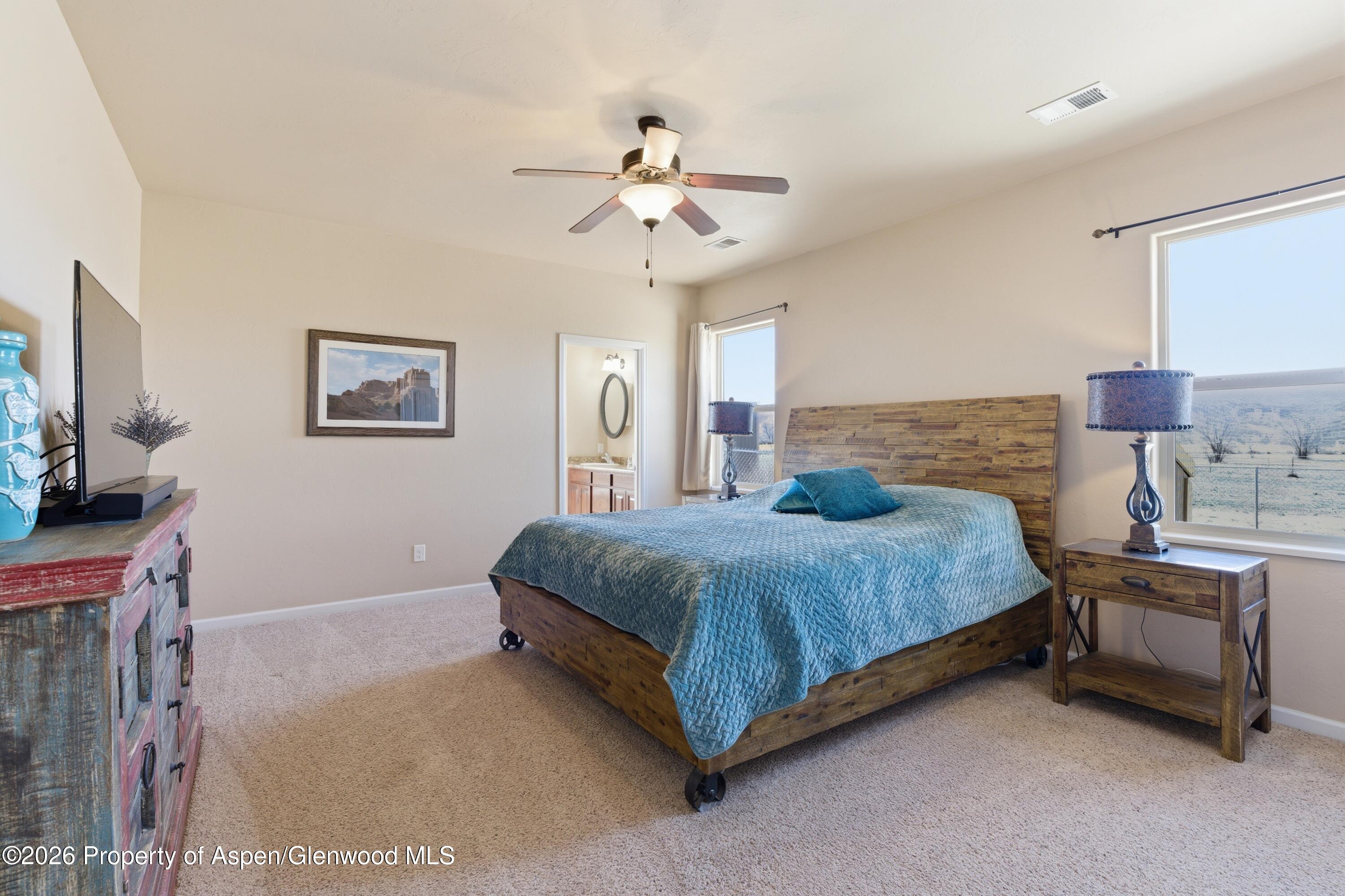 1081 20 Road Fruita, CO 81521 - Photo 8 of 43 a spacious bedroom with a bed and a chandelier