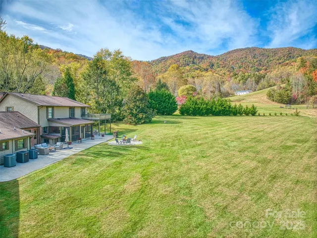a view of a house with a yard and a large tree