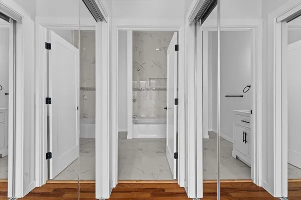 a close view of a bathtub in a bathroom