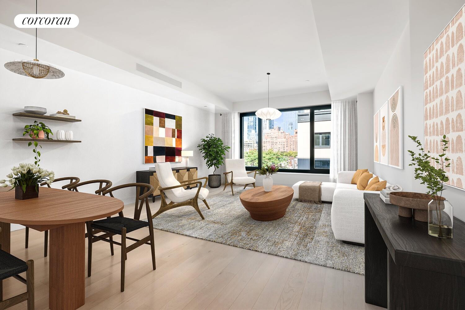 a living room with furniture and a potted plant