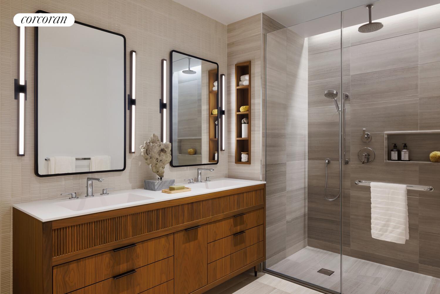 428 West 19th Street, Unit 8A Manhattan, NY 10011 - Photo 5 of 18 a bathroom with a double vanity sink mirror and shower