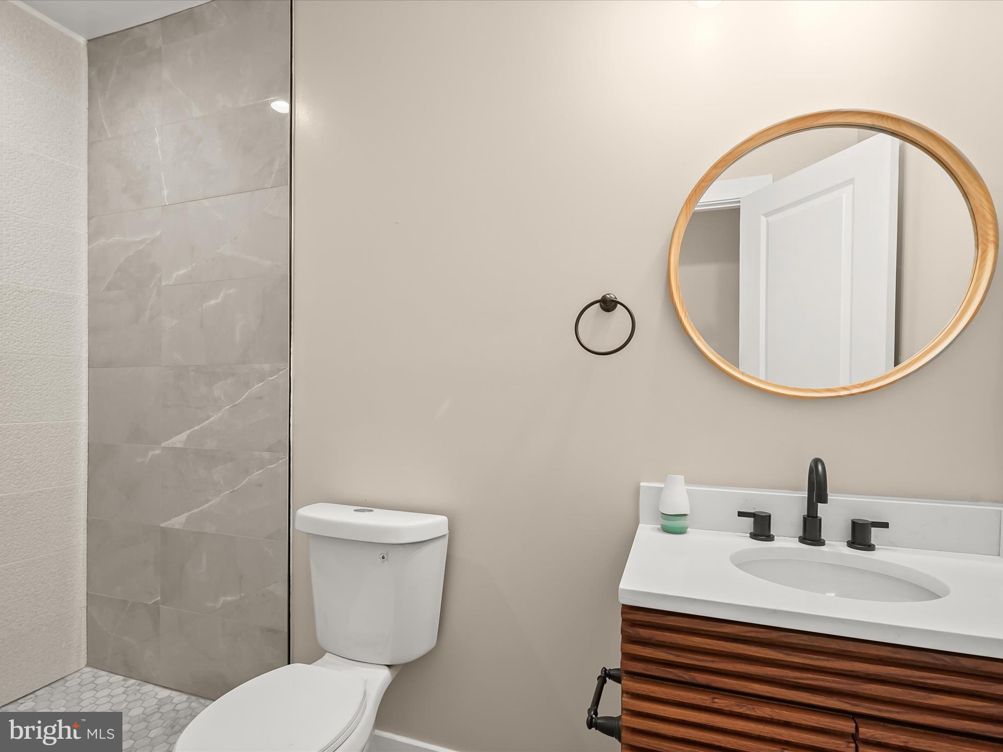 5728 8th Street Northwest Washington, DC 20011 - Photo 23 of 50 a bathroom with a sink a toilet and a mirror