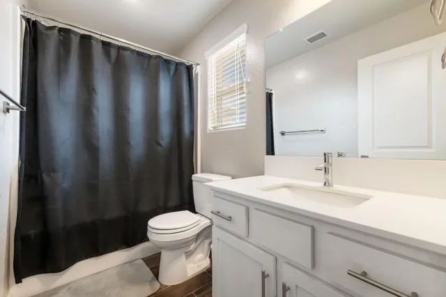 a bathroom with a sink a toilet a mirror and shower curtain