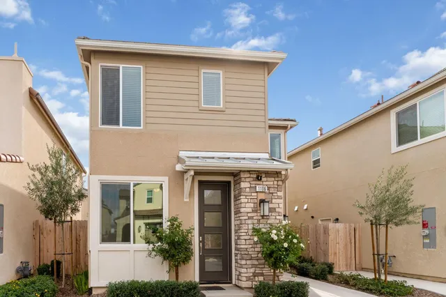 a front view of a house with plants