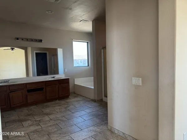 a bathroom with a tub shower vanity and a sink
