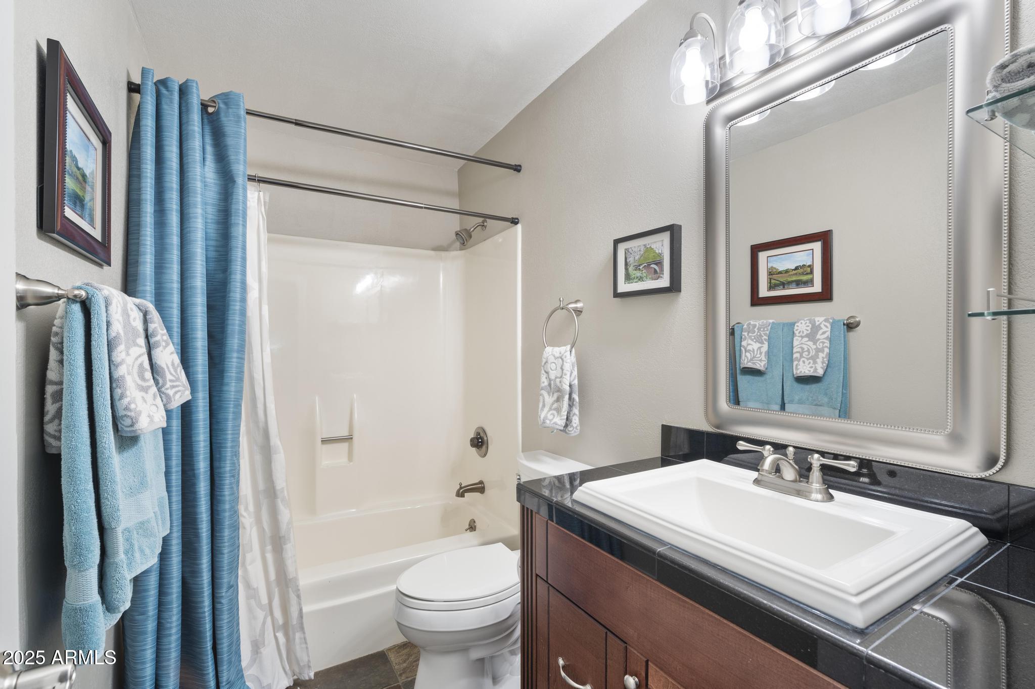 3912 South Elm Street Tempe, AZ 85282 - Photo 16 of 33 a bathroom with a sink a toilet a mirror a vanity and shower