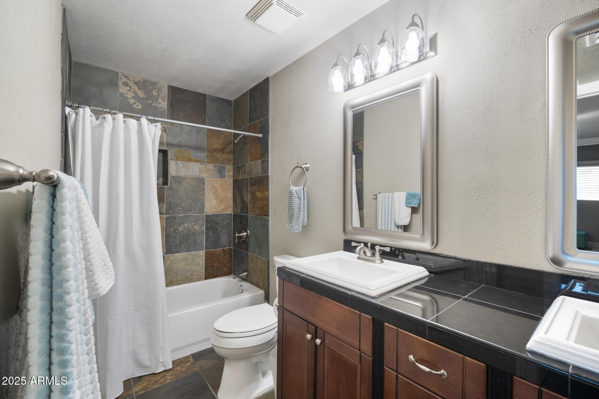 3912 South Elm Street Tempe, AZ 85282 - Photo 20 of 33 a bathroom with a sink a toilet a mirror and shower