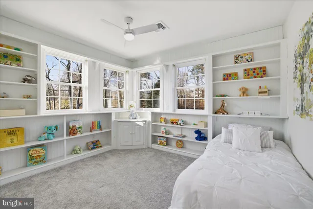 a bedroom with furniture and a book shelf