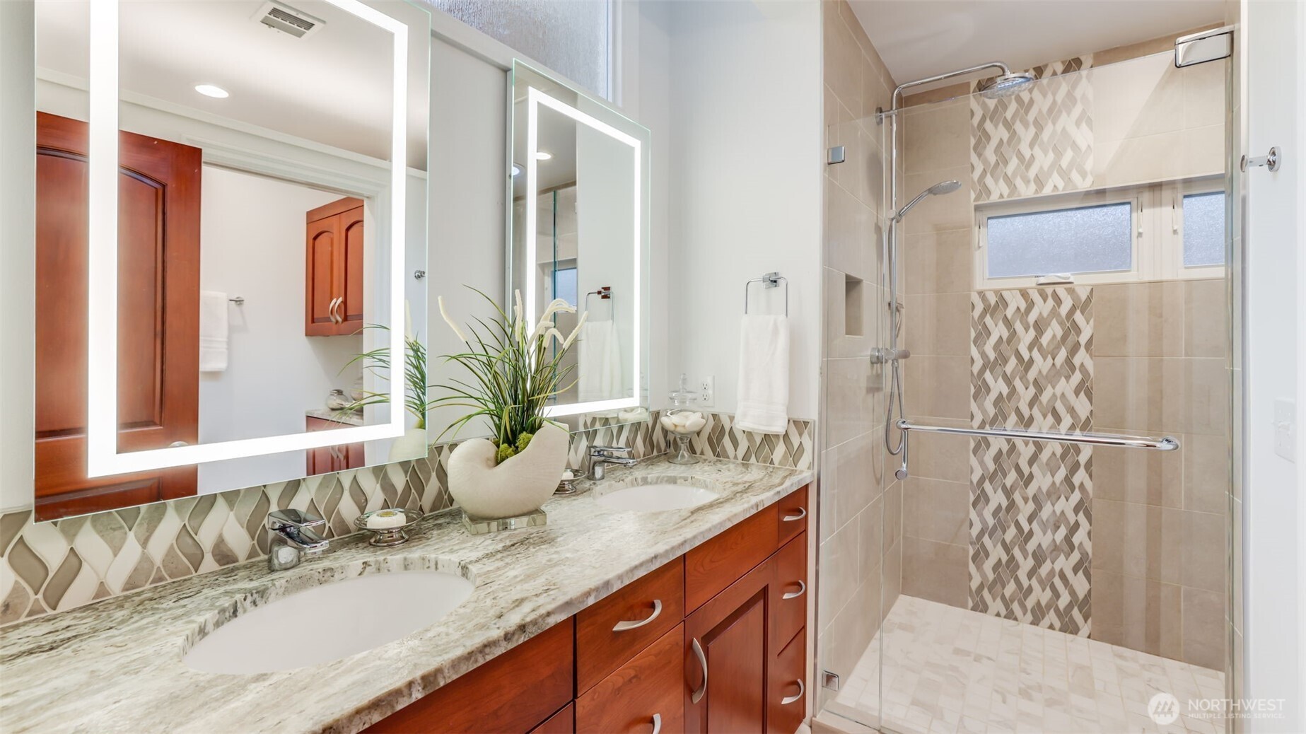2171 North 122nd Place Seattle, WA 98133 - Photo 22 of 40 a bathroom with a granite countertop sink and a mirror