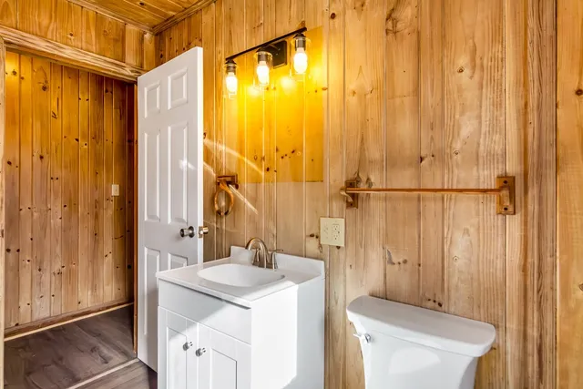 a bathroom with a sink a toilet and shower curtain