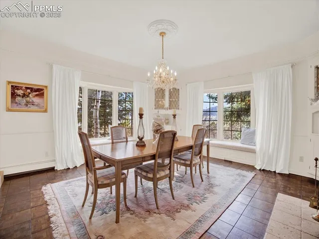 a view of a dining room with furniture and window