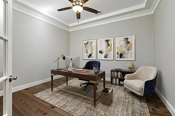 a view of a workspace with furniture