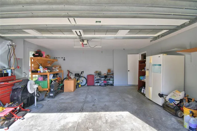 a view of a garage with storage