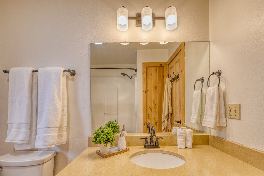 180 Green Ridge Road Blue Ridge, GA 30513 - Photo 10 of 83 a bathroom with a granite countertop sink and a mirror