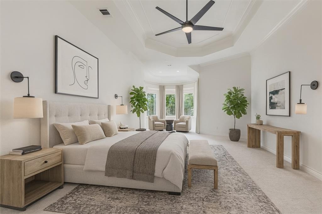 2203 Court Del Rey Round Rock, TX 78681 - Photo 11 of 35 Bedroom with carpet floors, ornamental molding, ceiling fan, and a raised ceiling