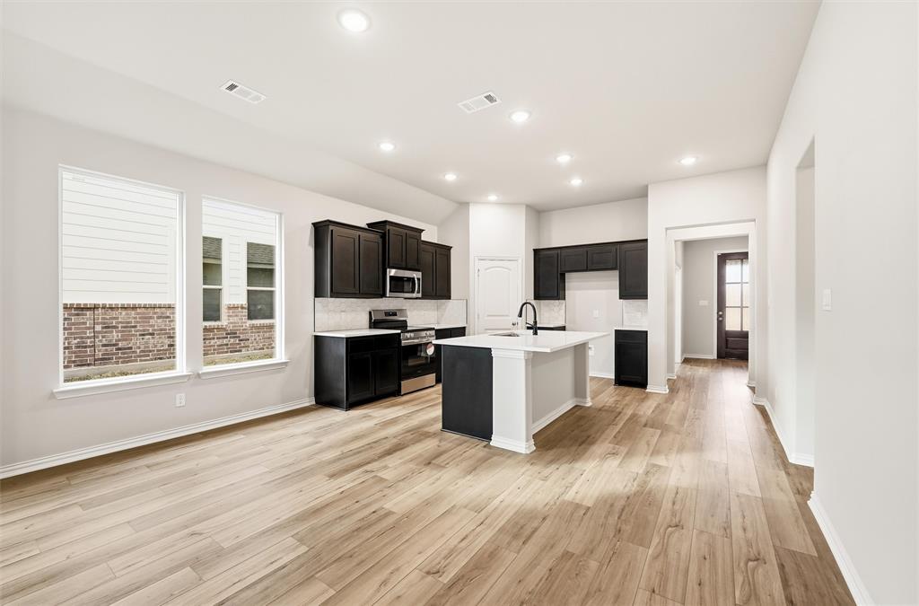 1244 Sabine River Lane Springtown, TX 76082 - Photo 10 of 26 Kitchen featuring appliances with stainless steel finishes, a center island with sink, light wood-style floors, dark cabinetry, and decorative backsplash