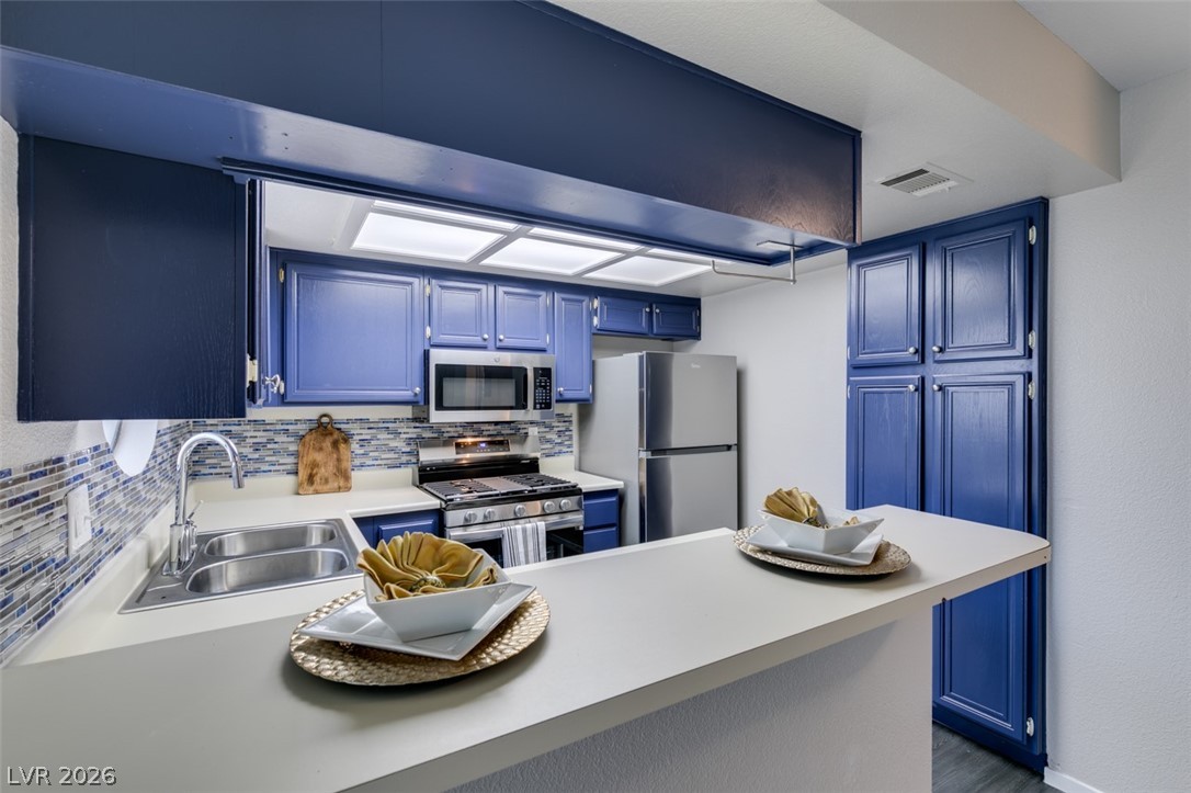 Kitchen with stainless steel appliances, a sink, and blue cabinets