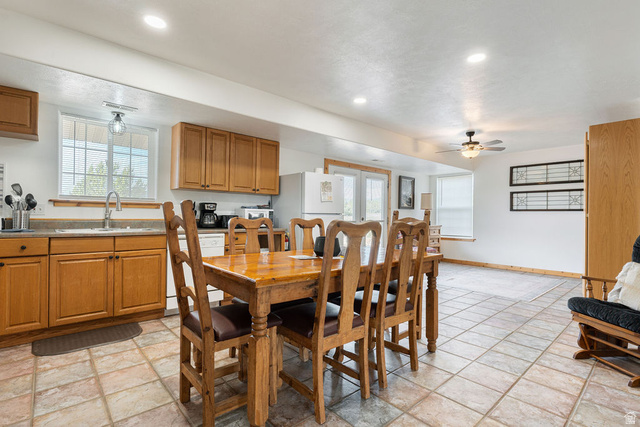11550 Pigeon Hollow Road Spring City, UT 84662 - Photo 46 of 85 Kitchen and dining area featuring tile flooring, light wood cabinetry, recessed lighting, and a ceiling fan