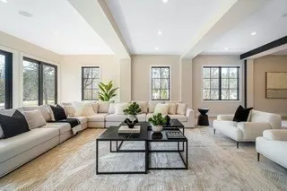 a living room with furniture potted plant and windows